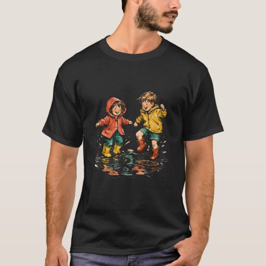 水彩画で描かれた雨の水たまりで飛び跳ねる幸せな子供たち Tシャツ (正面)