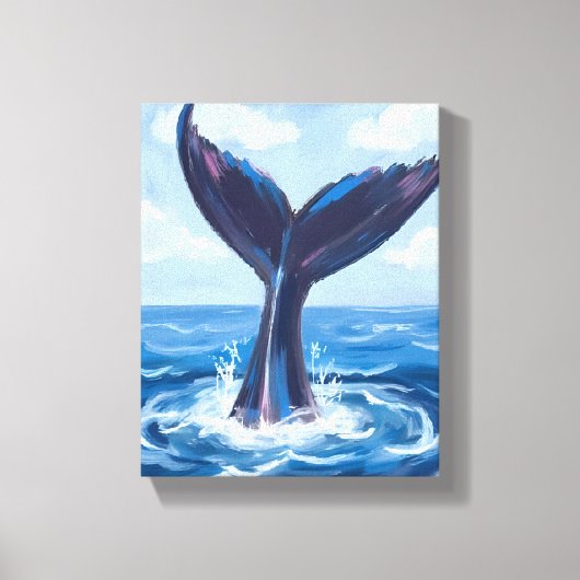 水彩画で描くクジラウォッチング | 青い海 キャンバスプリント (正面)