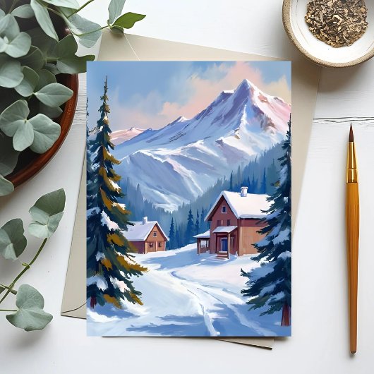 水彩画で描く冬のスキー小屋の山の風景 ポストカード