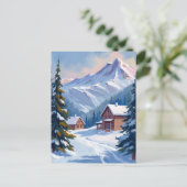 水彩画で描く冬のスキー小屋の山の風景 ポストカード (スタンド正面)