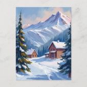 水彩画で描く冬のスキー小屋の山の風景 ポストカード (正面)