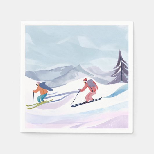 水彩画で描く冬の山 スキーの日 スタンダードカクテルナプキン (正面)
