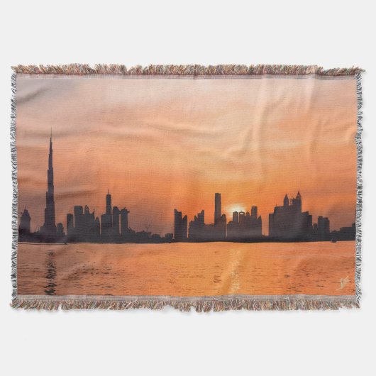 水彩画で描く海辺の町の日没 スローブランケット (正面)