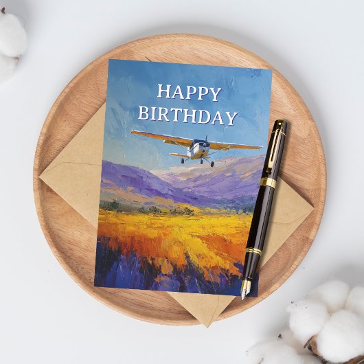 水彩画で表現された湖上のセスナ機 楽しい誕生日おめでとう シーズンカード