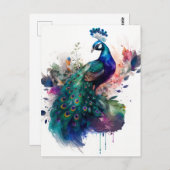 水彩画とインクピーコック ポストカード (正面/裏面)