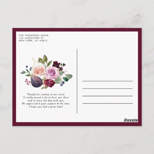 水彩画とバーガンディの花ありがとう ポストカード (裏面)