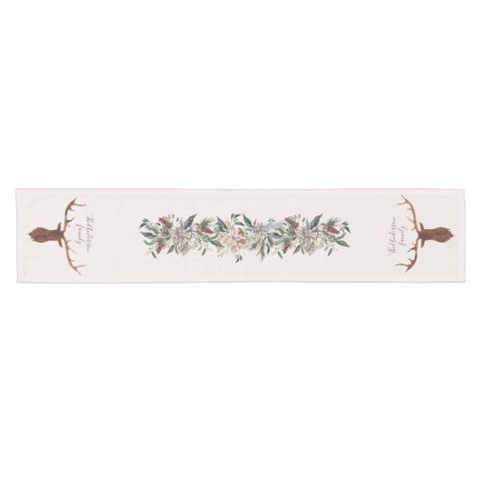 水彩画と冬の葉のテーブルランナー ショートテーブルランナー (横)