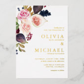 水彩画と秋の開花フローラ 箔招待状 (正面)