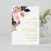 水彩画と秋の開花フローラ 箔招待状 (立ち正面)