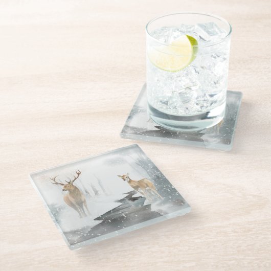 水彩画と鹿の冬のワンダーランド ガラスコースター (アングル)