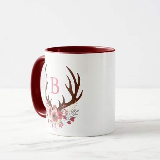 水彩画によってはシカの(雄ジカの)枝角の大文字が開花します マグカップ (正面左)