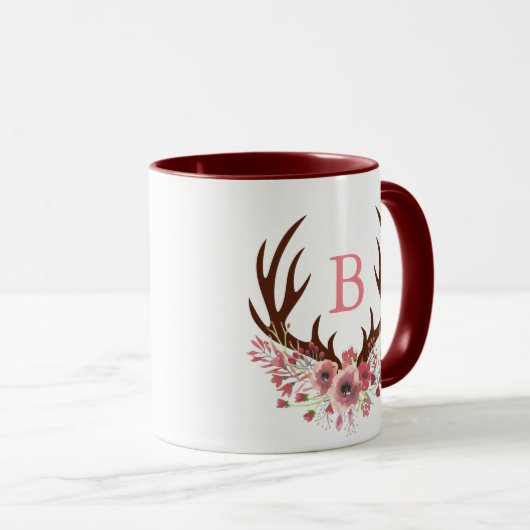 水彩画によってはシカの(雄ジカの)枝角の大文字が開花します マグカップ (正面右)