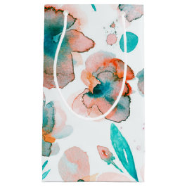 水彩画によってはティール（緑がかった色）の花柄が開花します スモールペーパーバッグ