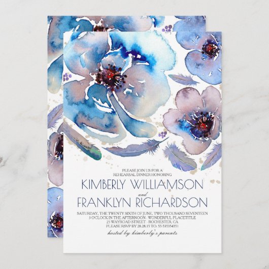 水彩画によっては青いBohoのリハーサルの夕食が開花します 招待状 (正面/裏面)