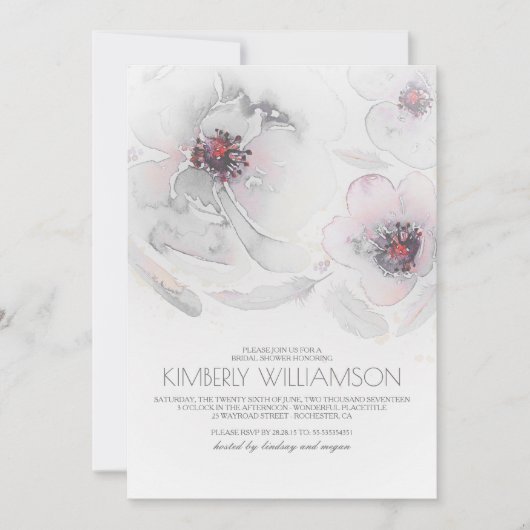 水彩画によってはBohoの灰色のピンクのブライダルシャワーが開花します 招待状 (正面)