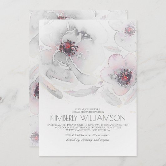 水彩画によってはBohoの灰色のピンクのブライダルシャワーが開花します 招待状 (正面/裏面)