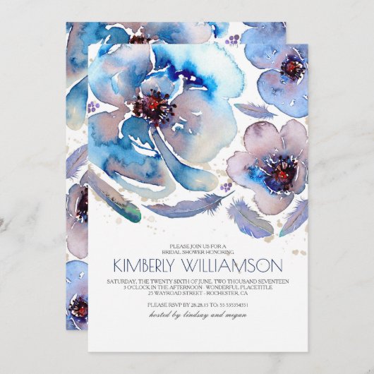 水彩画によってはBohoの青いブライダルシャワーが開花します 招待状 (正面/裏面)