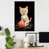 水彩画のいたずら好きな子猫と毛糸 ポスター (ホームオフィス)