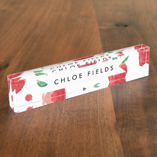 水彩画のいちごピンク及び赤く色彩の鮮やかな果実 デスクネームプレート (側面)