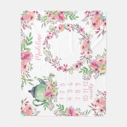 水彩画のお茶会のベビーのマイル標石 フリースブランケット (正面)
