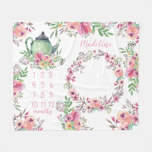 水彩画のお茶会のベビーのマイル標石 フリースブランケット (正面(横))