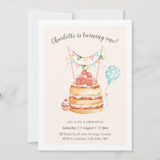 水彩画のお誕生日ケーキの招待状 招待状 (正面)