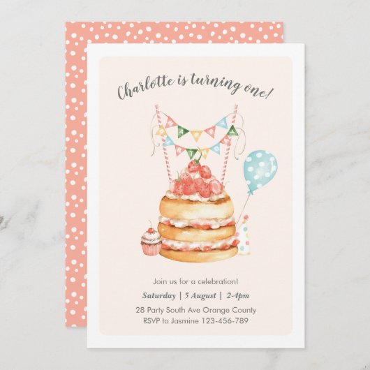 水彩画のお誕生日ケーキの招待状 招待状 (正面/裏面)
