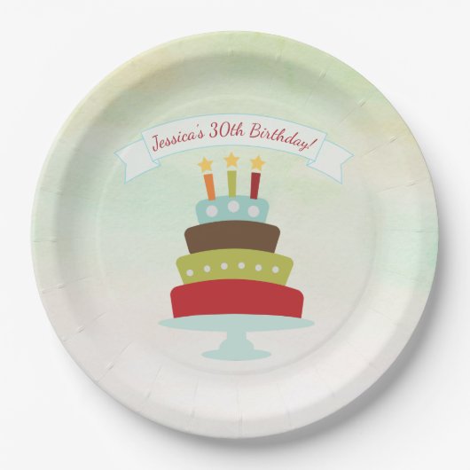 水彩画のお誕生日ケーキの誕生会 ペーパープレート (正面)