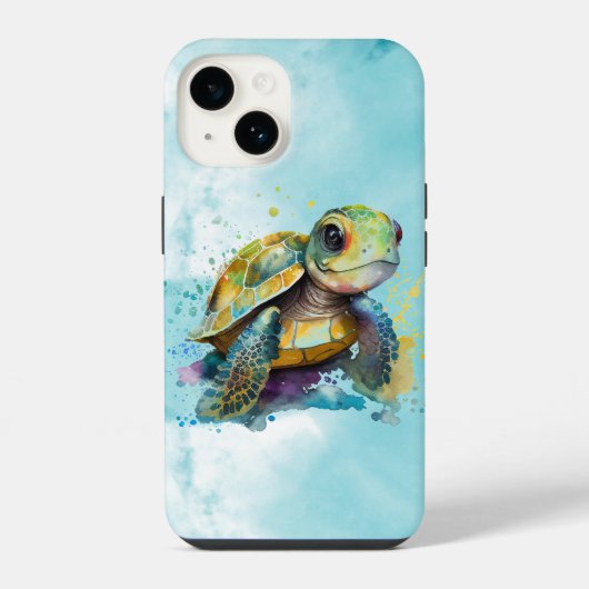 水彩画のかわいいウミガメの作品 ブルー iPhoneケース (裏面)