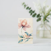 水彩画のかわいい青い鳥とピンクの花 名刺 (スタンド正面)