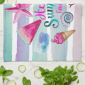 水彩画のこんにちは夏のモノグラムのビーチは縞で飾ります キッチンタオル (折り畳み)