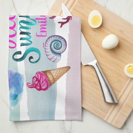 水彩画のこんにちは夏のモノグラムのビーチは縞で飾ります キッチンタオル (四つ折り)