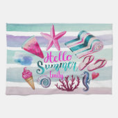 水彩画のこんにちは夏のモノグラムのビーチは縞で飾ります キッチンタオル (横)