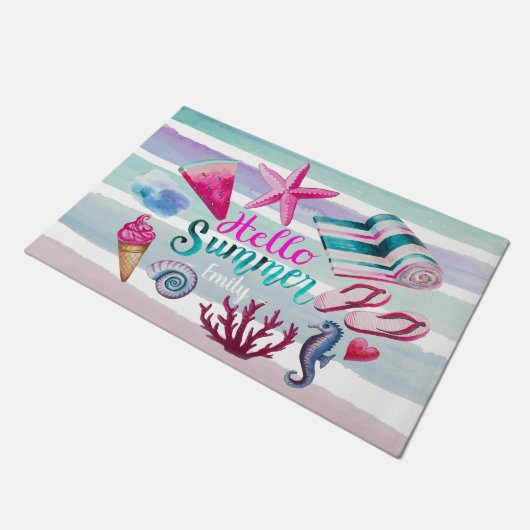 水彩画のこんにちは夏のモノグラムのビーチは縞で飾ります ドアマット (アングル)