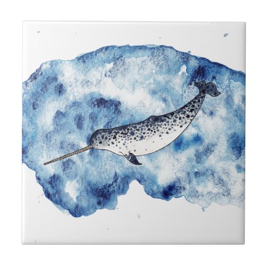 水彩画のしぶきのNarwhal タイル (正面)