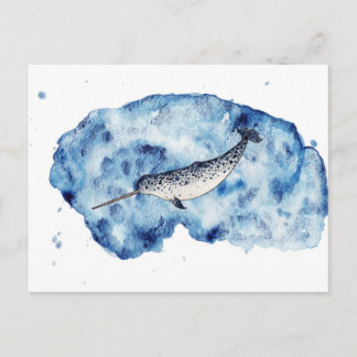 水彩画のしぶきのNarwhal ポストカード