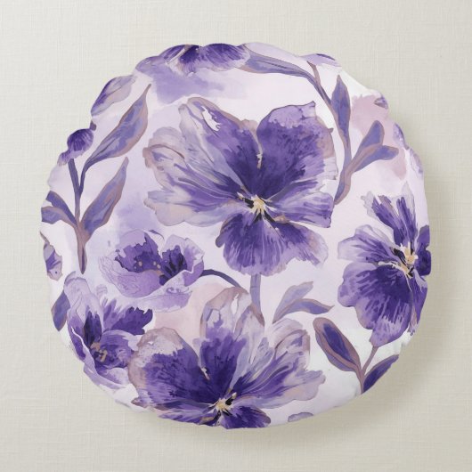 水彩画のすみれの花 ラウンドクッション (正面)