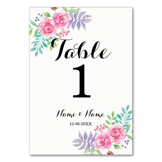 水彩画のばら色の花を結婚するテーブル数 テーブルナンバー (裏面)