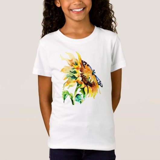 水彩画のひまわりと蝶々 Tシャツ (正面)