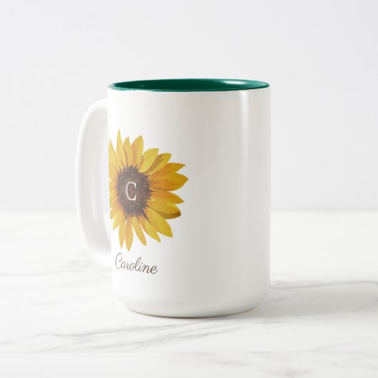 水彩画のひまわりモノグラム名前 ツートーンマグカップ (正面左)