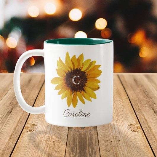 水彩画のひまわりモノグラム名前 ツートーンマグカップ