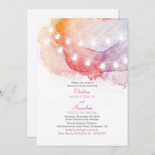水彩画のひもはエレガントなリハーサルの夕食をつけます 招待状 (正面/裏面)