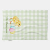 水彩画のひよこ+卵+名前入りグリーン背景 キッチンタオル (横)