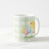 水彩画のひよこ+卵+名前入りグリーン背景 コーヒーマグカップ (正面右)