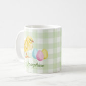 水彩画のひよこ+卵+名前入りグリーン背景 コーヒーマグカップ (正面左)