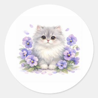 水彩画のふわふわ子猫とすみれの花 ラウンドシール