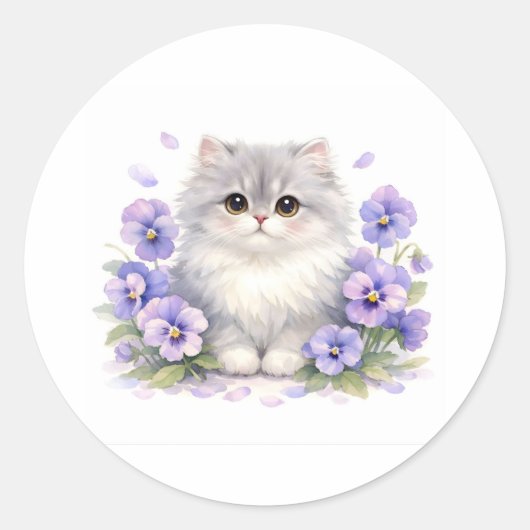 水彩画のふわふわ子猫とすみれの花 ラウンドシール (正面)