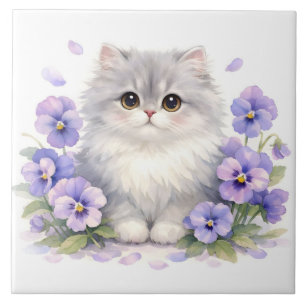 水彩画のふわふわ子猫とスミレの花 タイル