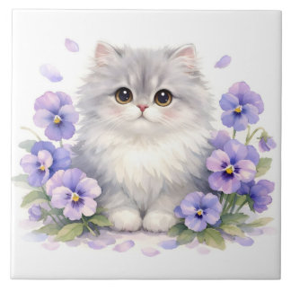 水彩画のふわふわ子猫とスミレの花 タイル