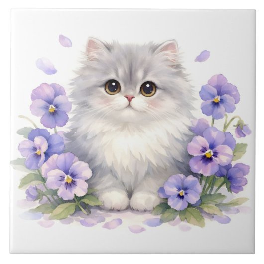 水彩画のふわふわ子猫とスミレの花 タイル (正面)